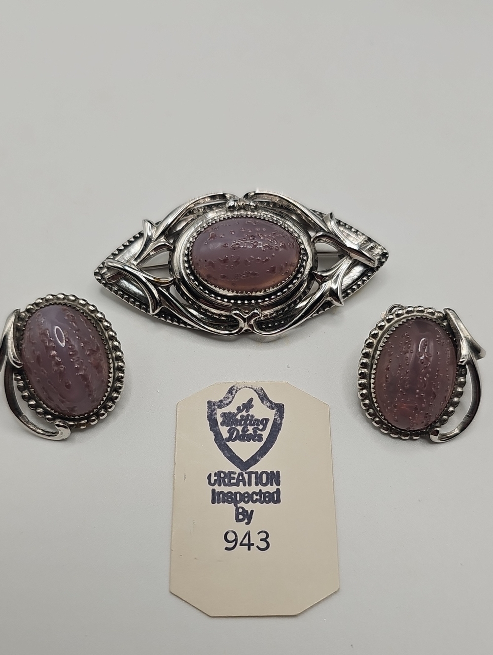 Whiting Davis Vintage Brooch Earring Set Womens OS Purple Silver Tone Ornate OS